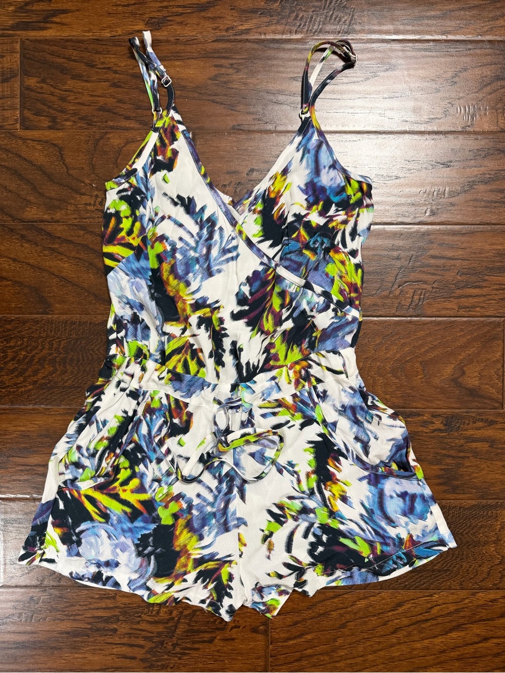 French Connection White Floral-Print Romper with Blue & Green Accents Size 4